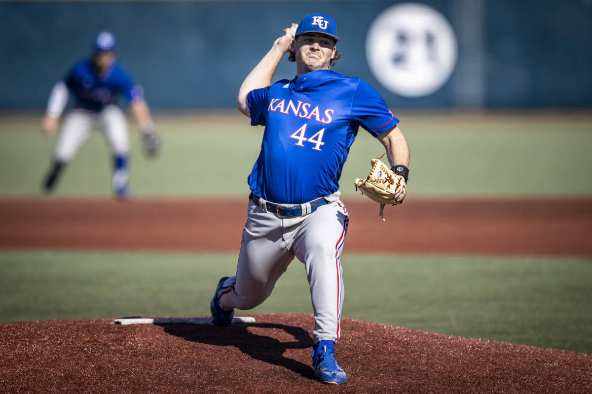 Sam Ireland pitches during game 2 of the Kansas Jayhawks' series against the Belmont Bruins.